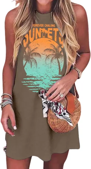 Womens Sundress Summer Sun Graphic Mini Tank Dress Sleeveless Beach Dresses Short Casual Sun Dresses