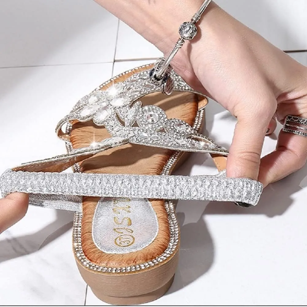 Women's T-Strap Beaded Flower Rhinestone Flat Sandals Dress Beach Shoes