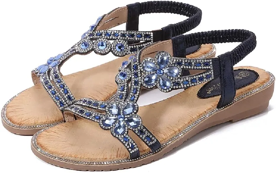 Women's T-Strap Beaded Flower Rhinestone Flat Sandals Dress Beach Shoes