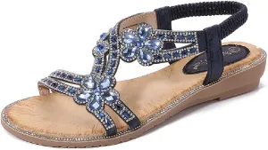 Women's T-Strap Beaded Flower Rhinestone Flat Sandals Dress Beach Shoes