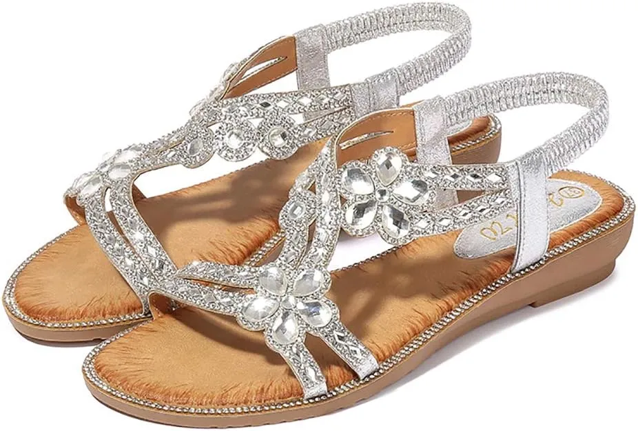 Women's T-Strap Beaded Flower Rhinestone Flat Sandals Dress Beach Shoes
