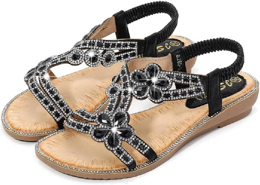 Women's T-Strap Beaded Flower Rhinestone Flat Sandals Dress Beach Shoes