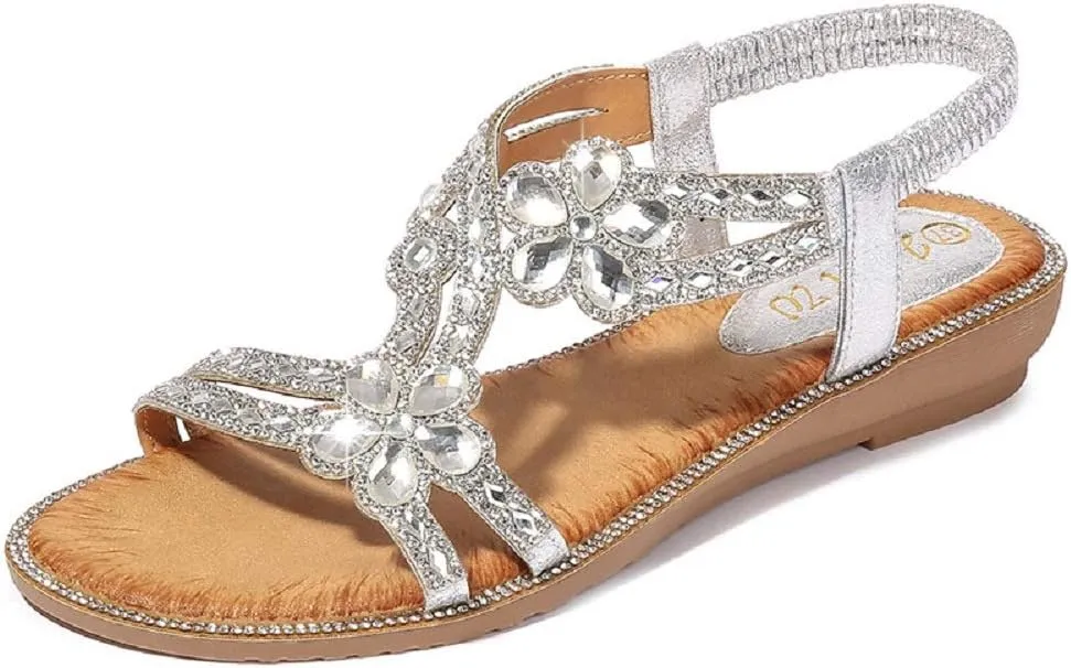 Women's T-Strap Beaded Flower Rhinestone Flat Sandals Dress Beach Shoes