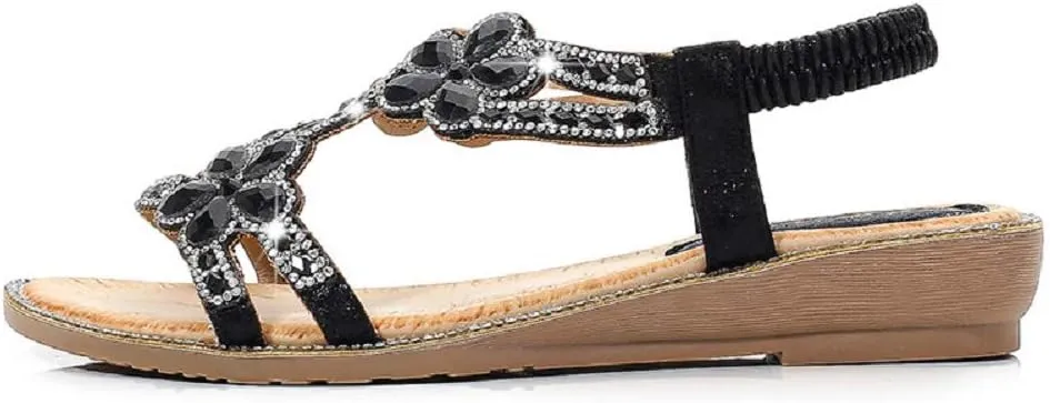 Women's T-Strap Beaded Flower Rhinestone Flat Sandals Dress Beach Shoes