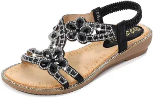 Women's T-Strap Beaded Flower Rhinestone Flat Sandals Dress Beach Shoes