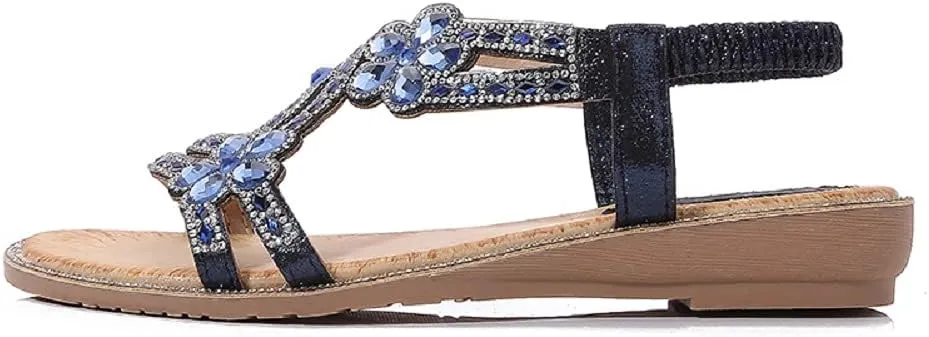 Women's T-Strap Beaded Flower Rhinestone Flat Sandals Dress Beach Shoes