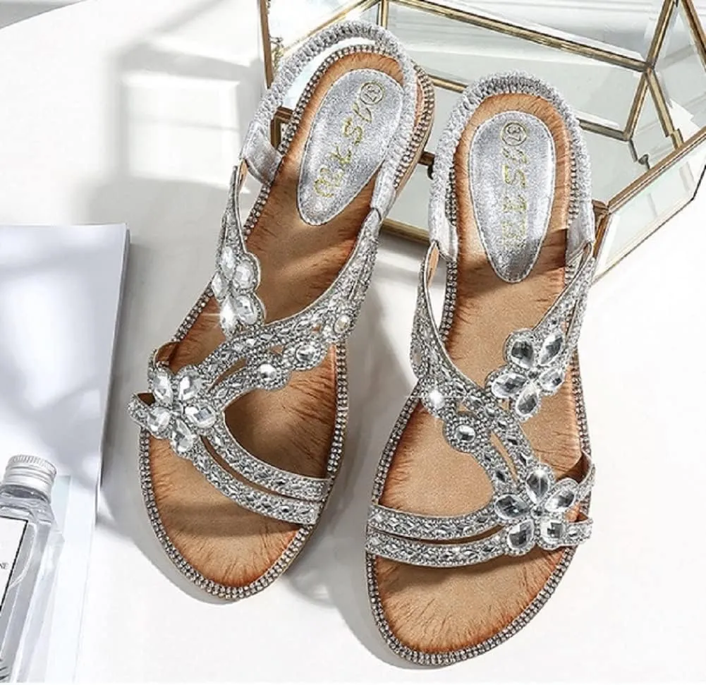 Women's T-Strap Beaded Flower Rhinestone Flat Sandals Dress Beach Shoes