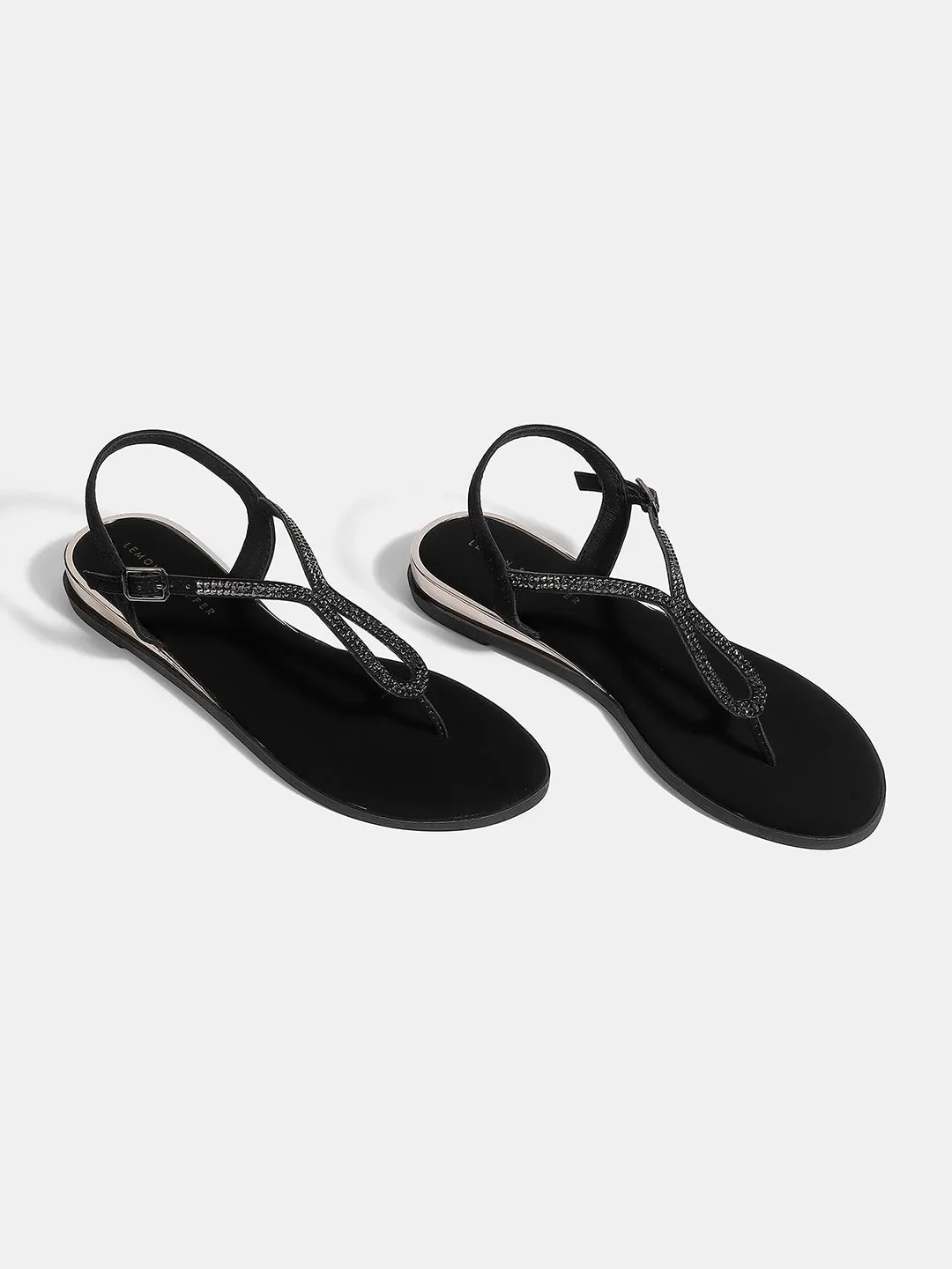 Women's T-Strap Flat Sandals with Buckle Closure & Rhinestone Detail