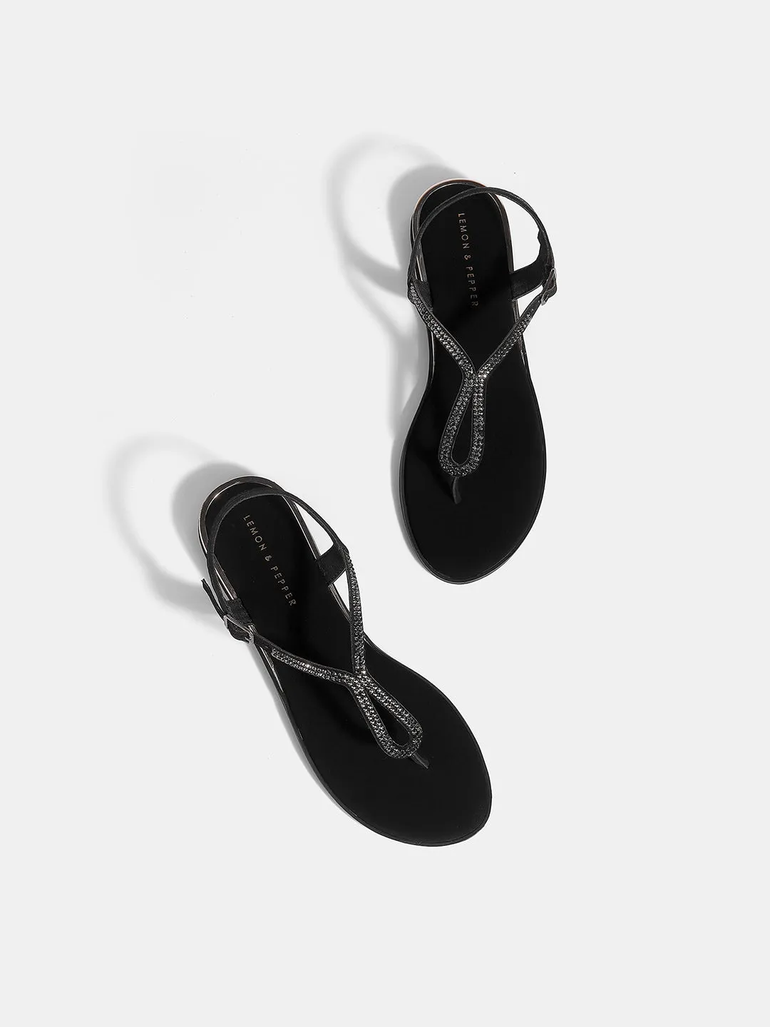 Women's T-Strap Flat Sandals with Buckle Closure & Rhinestone Detail