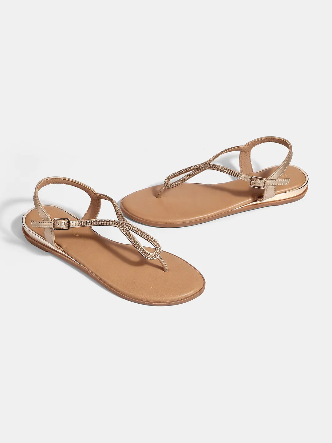 Women's T-Strap Flat Sandals with Buckle Closure & Rhinestone Detail
