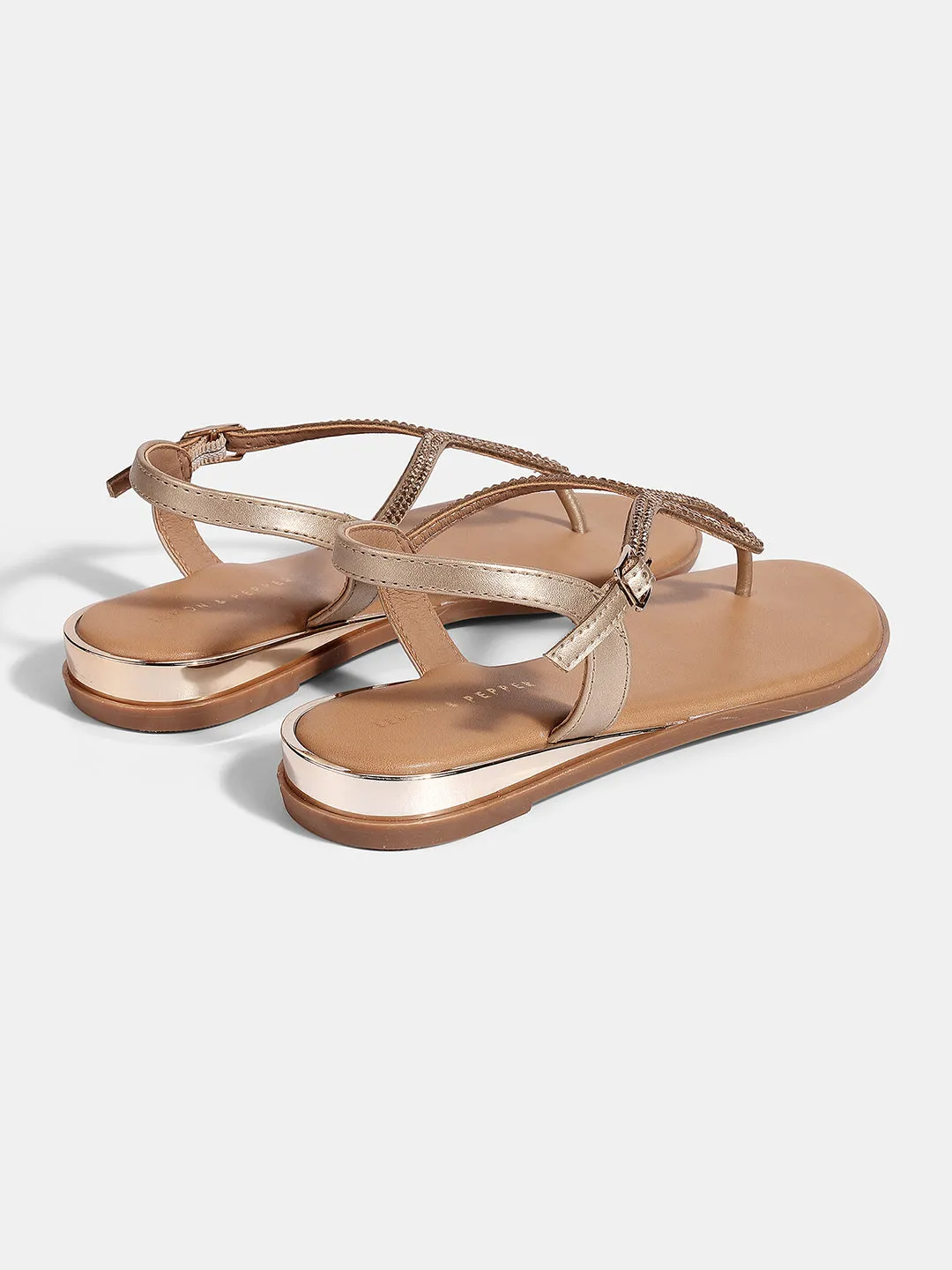 Women's T-Strap Flat Sandals with Buckle Closure & Rhinestone Detail
