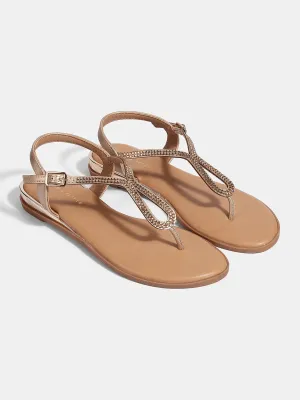 Women's T-Strap Flat Sandals with Buckle Closure & Rhinestone Detail