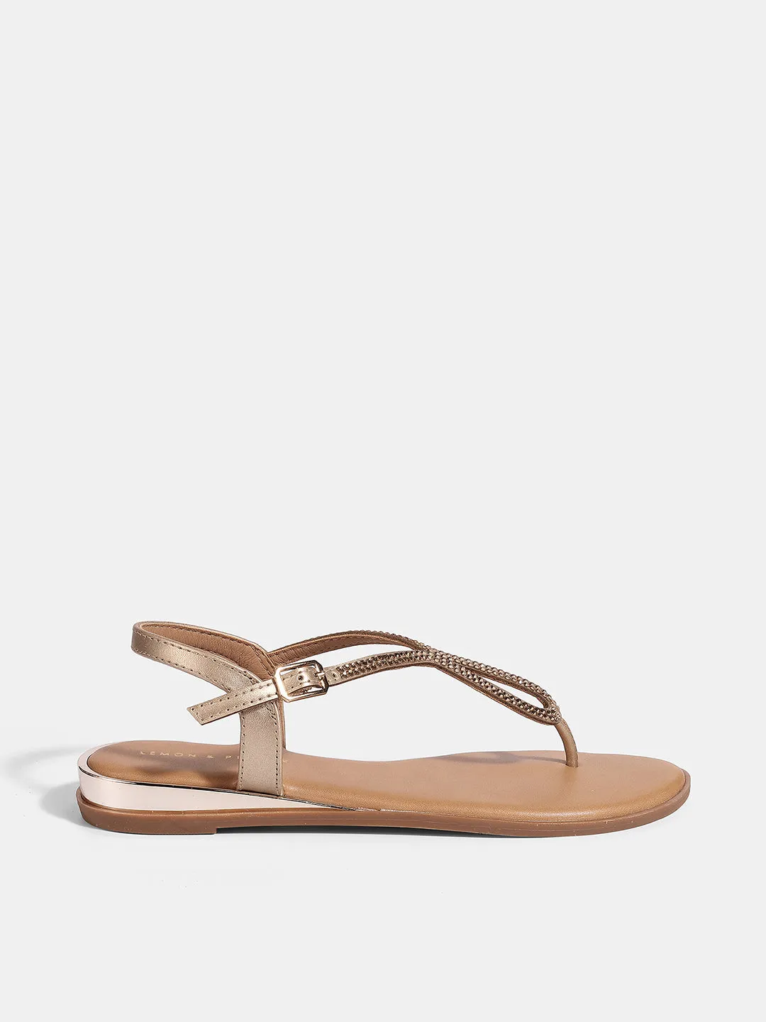 Women's T-Strap Flat Sandals with Buckle Closure & Rhinestone Detail
