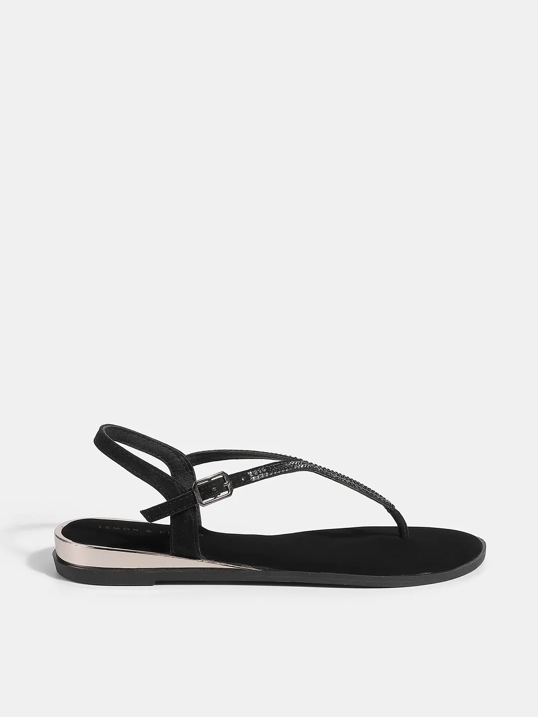Women's T-Strap Flat Sandals with Buckle Closure & Rhinestone Detail