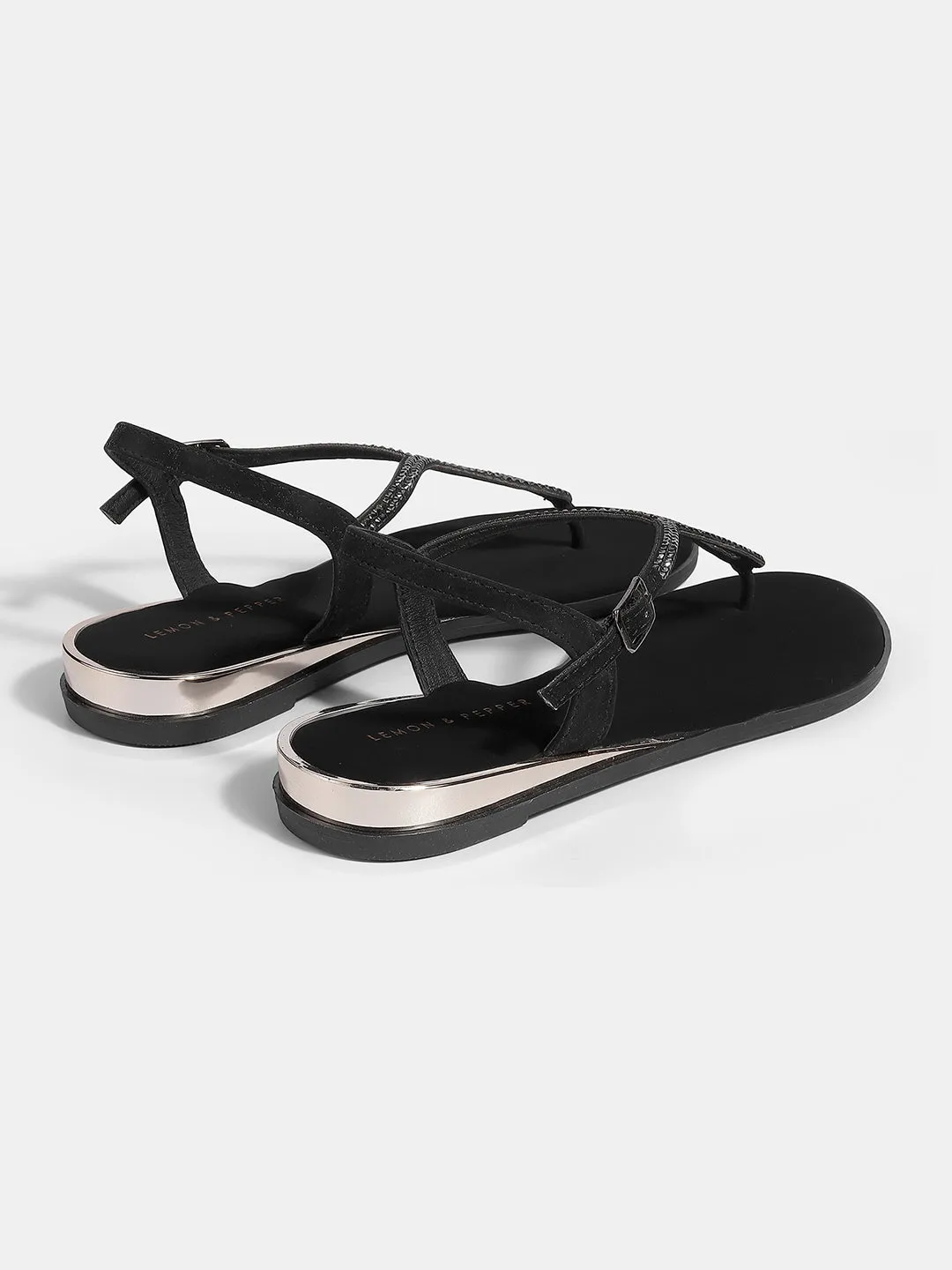 Women's T-Strap Flat Sandals with Buckle Closure & Rhinestone Detail