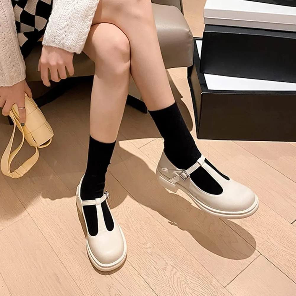 Women's T-Strap Mary Jane Flat Pumps Closed Square Toe Dress Pumps