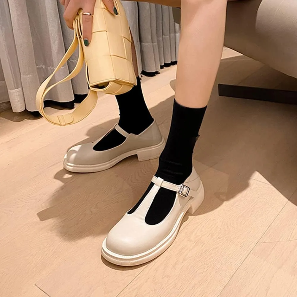 Women's T-Strap Mary Jane Flat Pumps Closed Square Toe Dress Pumps