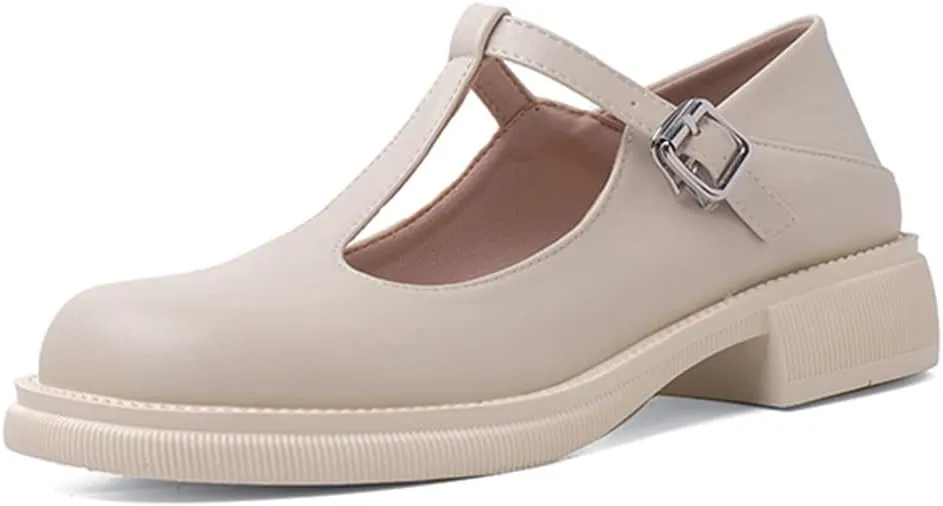 Women's T-Strap Mary Jane Flat Pumps Closed Square Toe Dress Pumps