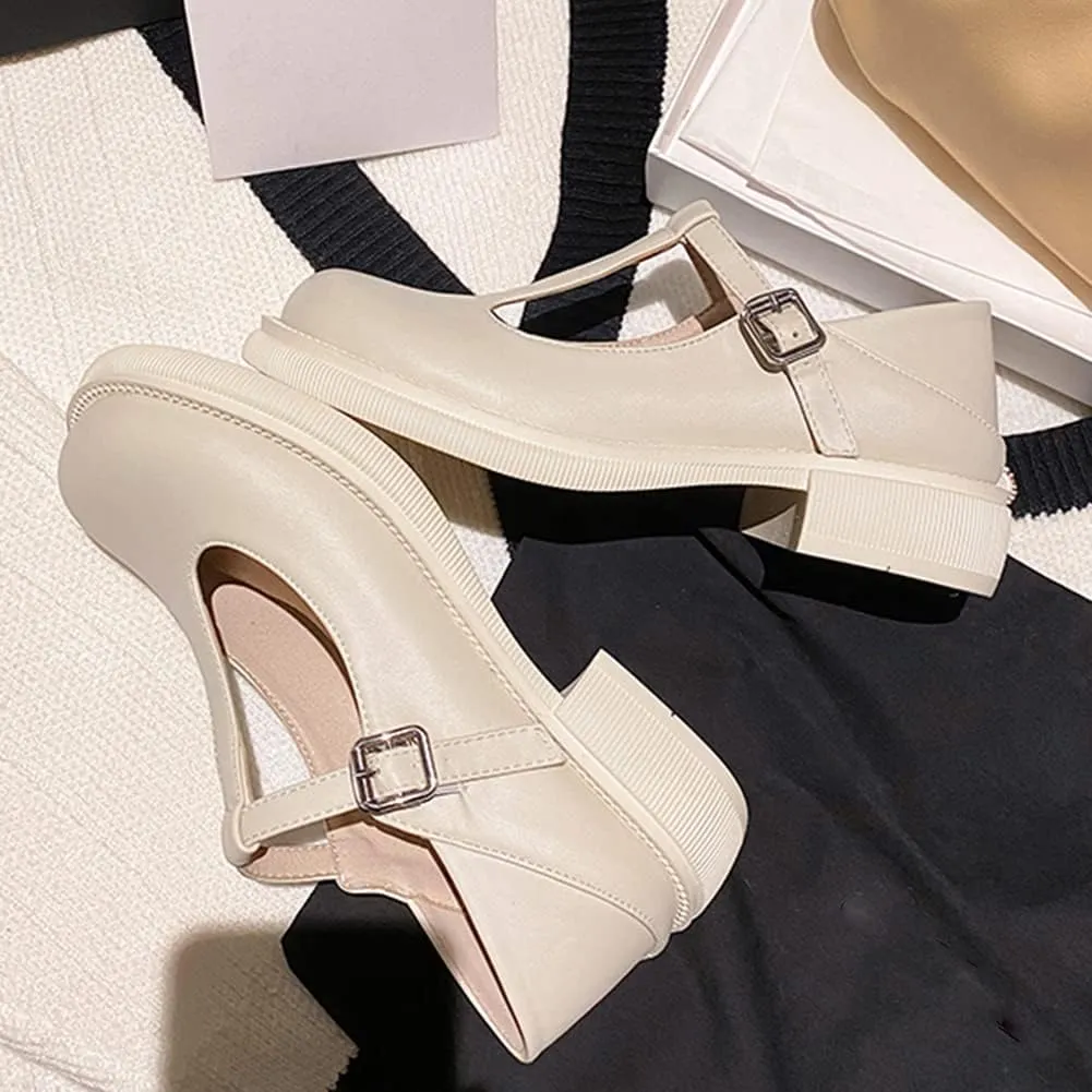Women's T-Strap Mary Jane Flat Pumps Closed Square Toe Dress Pumps