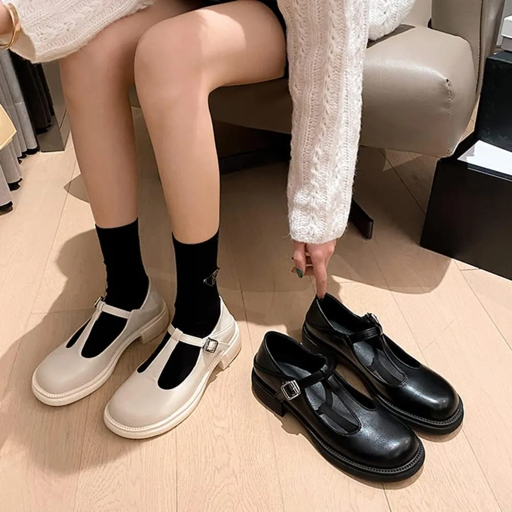 Women's T-Strap Mary Jane Flat Pumps Closed Square Toe Dress Pumps