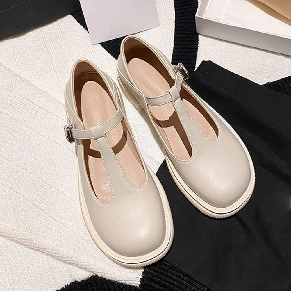 Women's T-Strap Mary Jane Flat Pumps Closed Square Toe Dress Pumps