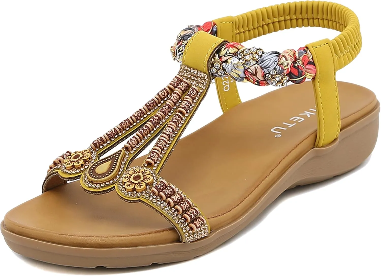 Womens T-Strap Sandals Bohemian Beaded Flat Sandals Ladies Comfortable Open Toe Elastic Ankle Strap Sandals Dress Summer Beach Shoes