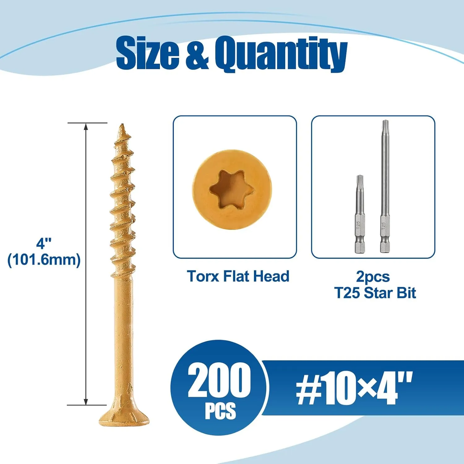 Wood Screws #10×4″, 200 Pcs, Deck Screws, Rust Resistant, Exterior Epoxy Coated, Outdoor Decking Screws, Torx/Star Drive Head Deck Screw, 2 Pcs T25 Star Bit Included, Tan