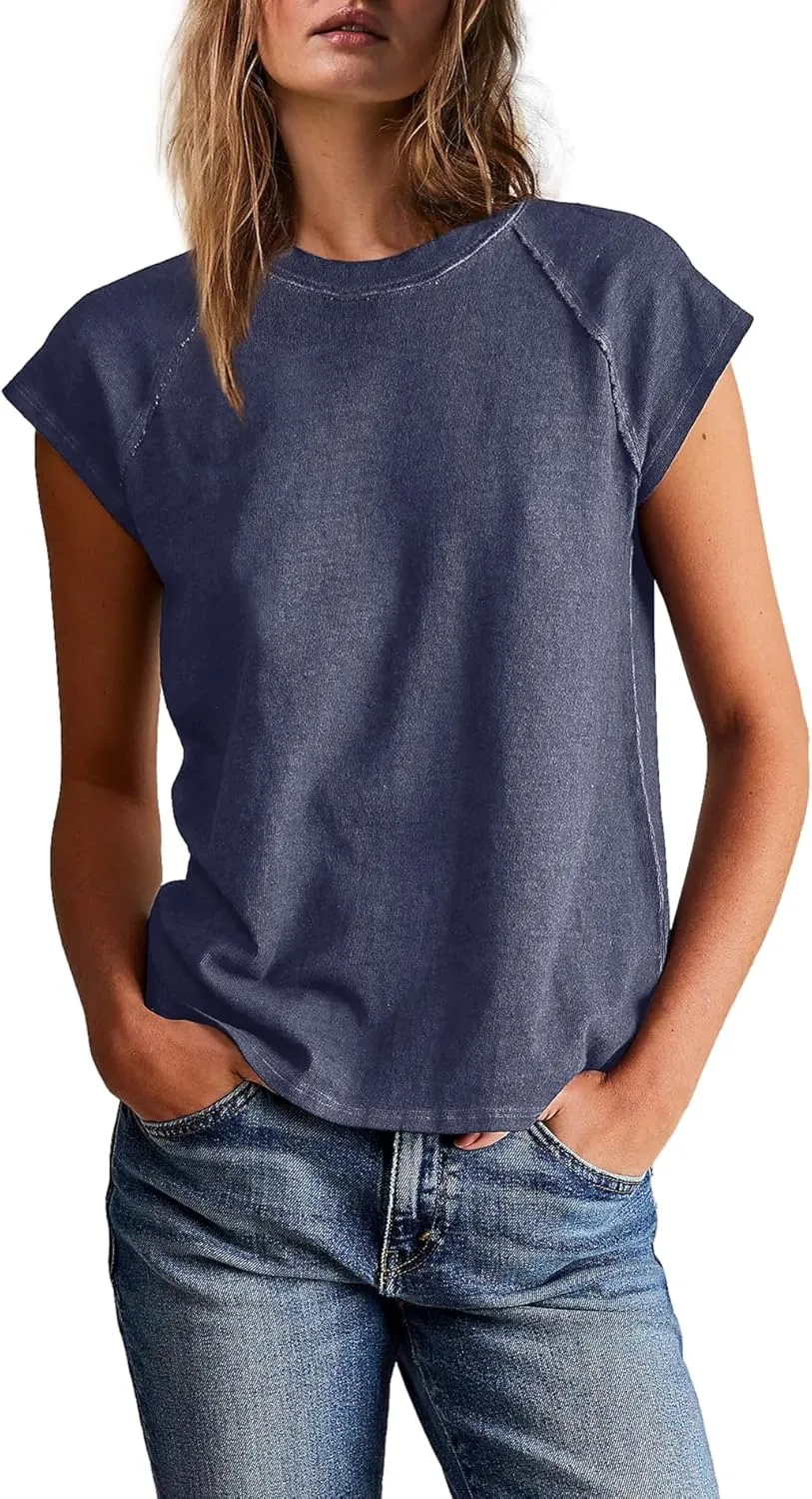 Yanekop Womens Short Sleeve Shirts Crewneck T Shirts Basic Tees Casual Summer Tops Cap Sleeve Tops Trendy Shirts