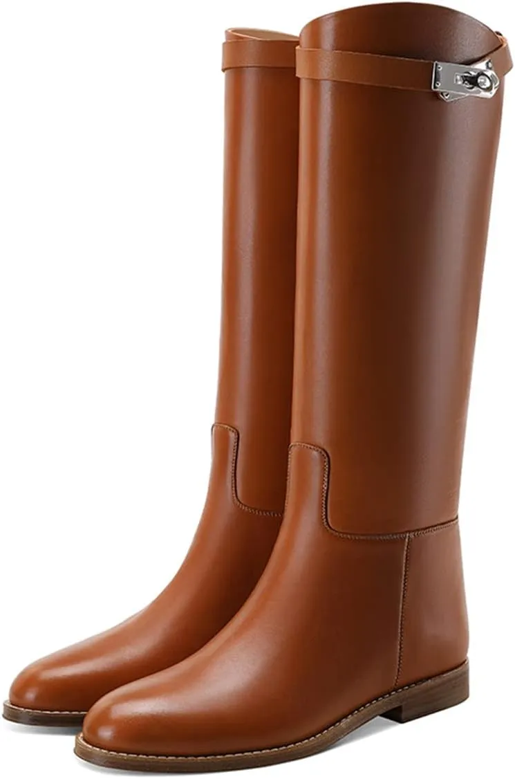 YDN Women Classic Round Toe Under the Knee High Flat Riding Boots Pull on Mental Buckle Wide Calf Booties Combat Walking Boots Size 4-15 US