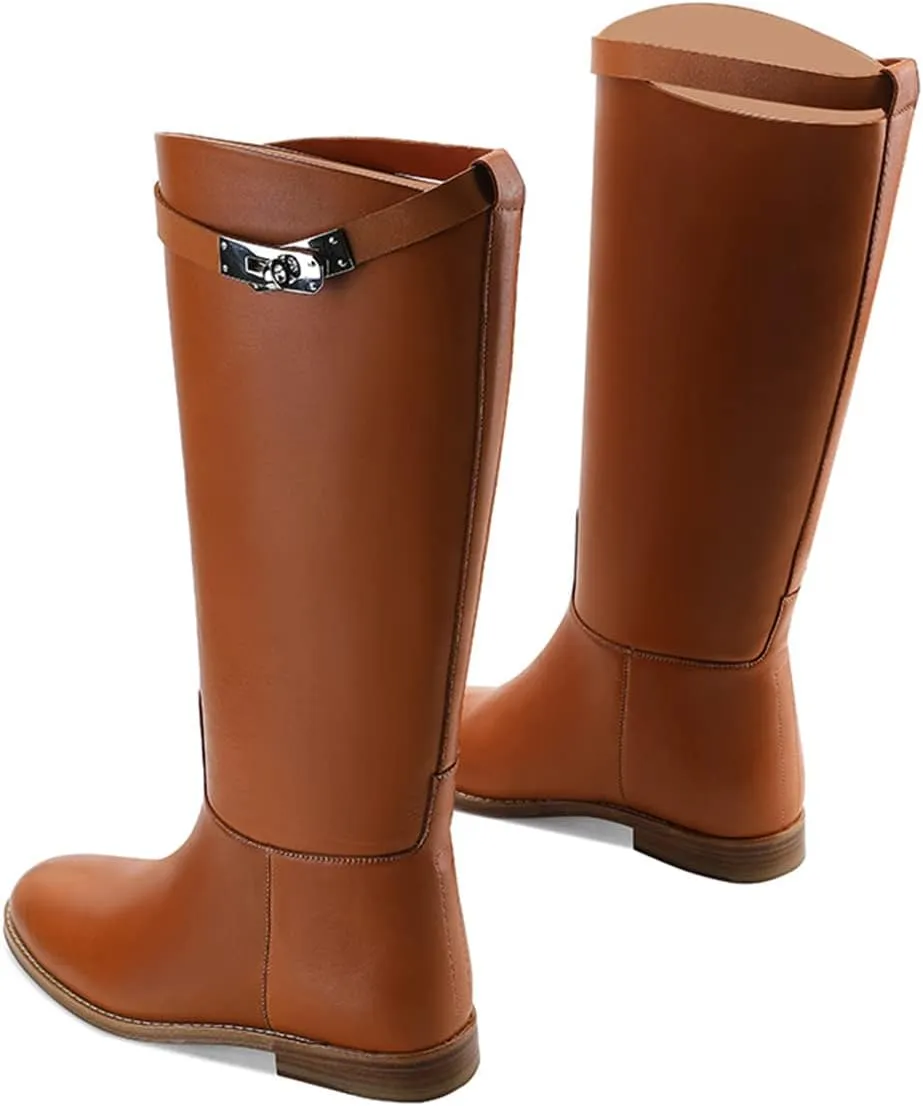 YDN Women Classic Round Toe Under the Knee High Flat Riding Boots Pull on Mental Buckle Wide Calf Booties Combat Walking Boots Size 4-15 US