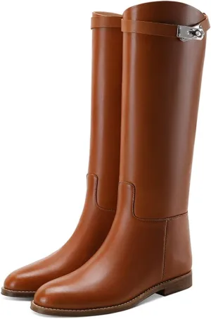 YDN Women Classic Round Toe Under the Knee High Flat Riding Boots Pull on Mental Buckle Wide Calf Booties Combat Walking Boots Size 4-15 US