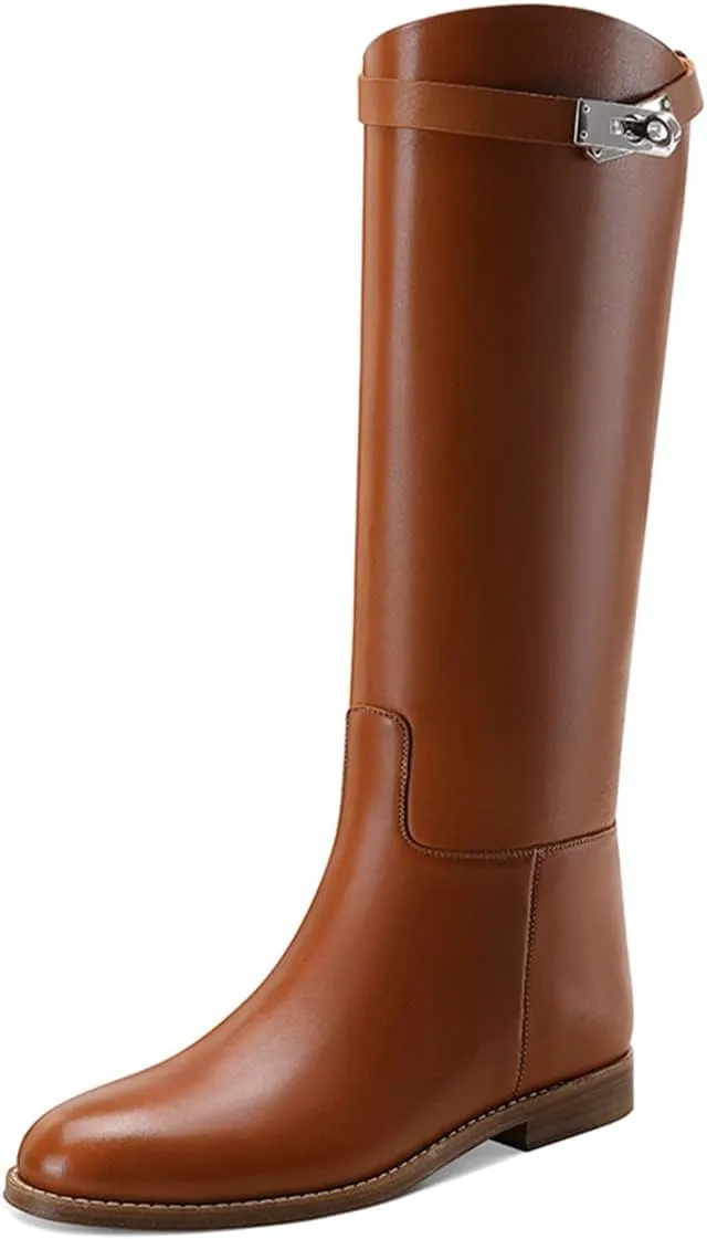 YDN Women Classic Round Toe Under the Knee High Flat Riding Boots Pull on Mental Buckle Wide Calf Booties Combat Walking Boots Size 4-15 US