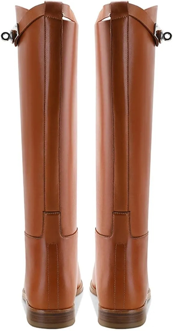 YDN Women Classic Round Toe Under the Knee High Flat Riding Boots Pull on Mental Buckle Wide Calf Booties Combat Walking Boots Size 4-15 US