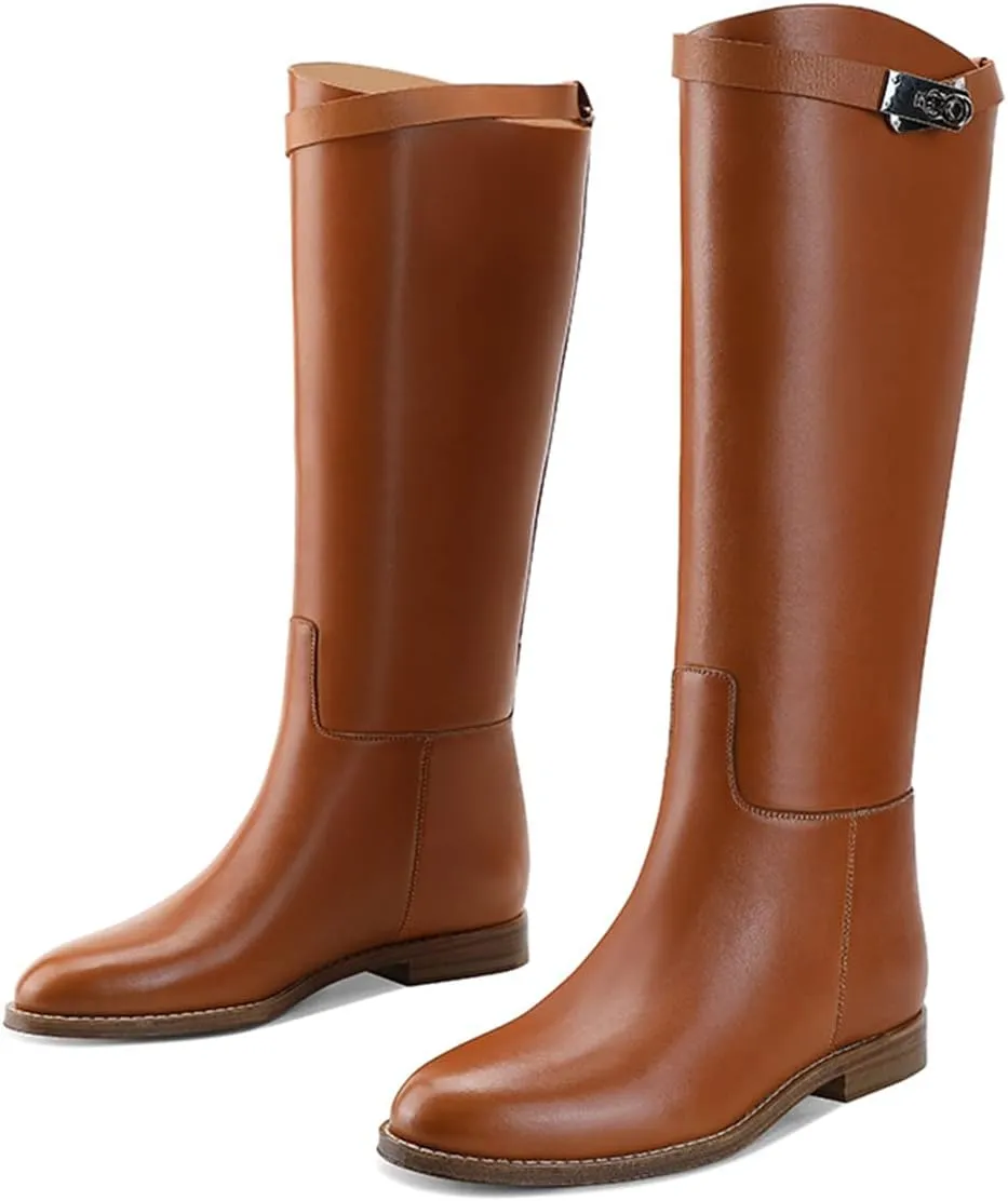 YDN Women Classic Round Toe Under the Knee High Flat Riding Boots Pull on Mental Buckle Wide Calf Booties Combat Walking Boots Size 4-15 US