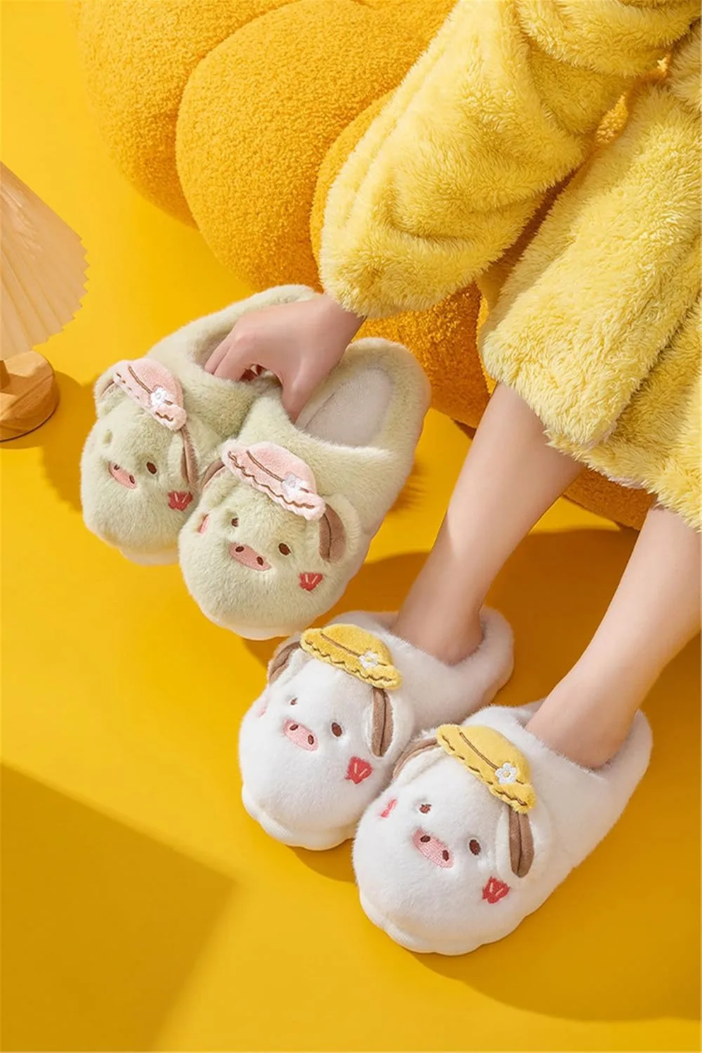 YILANLAN Women's Pink Pig Animal Slippers - Warm, Plush, Winter, Flat Heel, No Closure, Round Toe