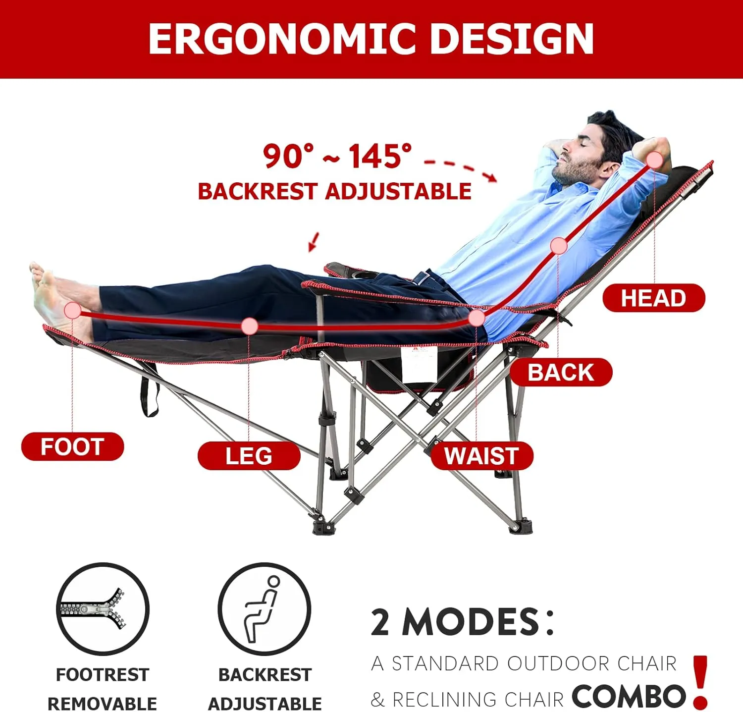 YSSOA Removable Footrest Reclining Camping Chair, 1-Pack, Black