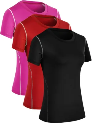 Yuerlian Women's Yoga Compression Shirt Sport Athletic T-Shirts Workout Tops Baselayer Gym Short Sleeve 3 Pack