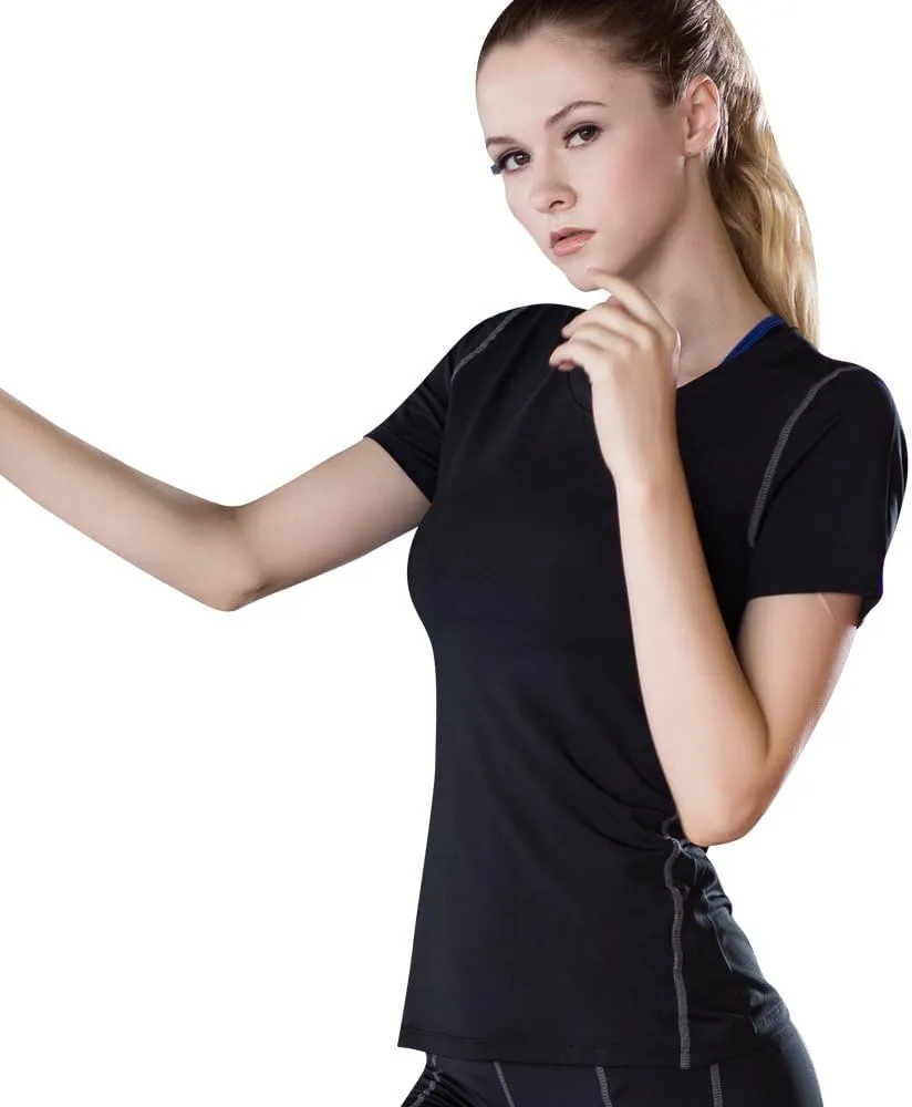 Yuerlian Women's Yoga Compression Shirt Sport Athletic T-Shirts Workout Tops Baselayer Gym Short Sleeve 3 Pack