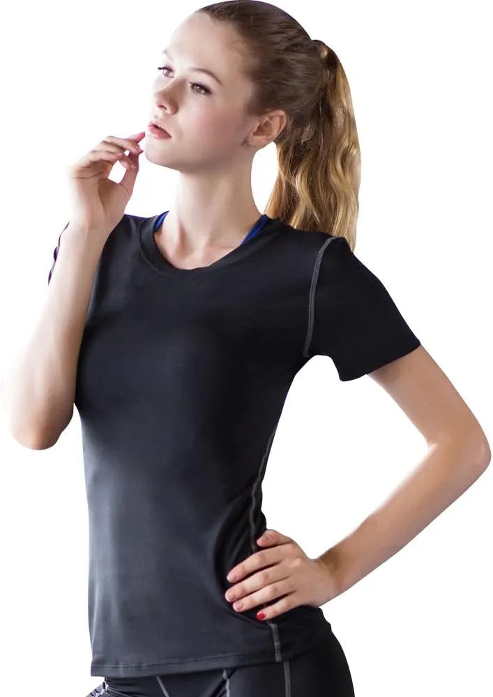 Yuerlian Women's Yoga Compression Shirt Sport Athletic T-Shirts Workout Tops Baselayer Gym Short Sleeve 3 Pack