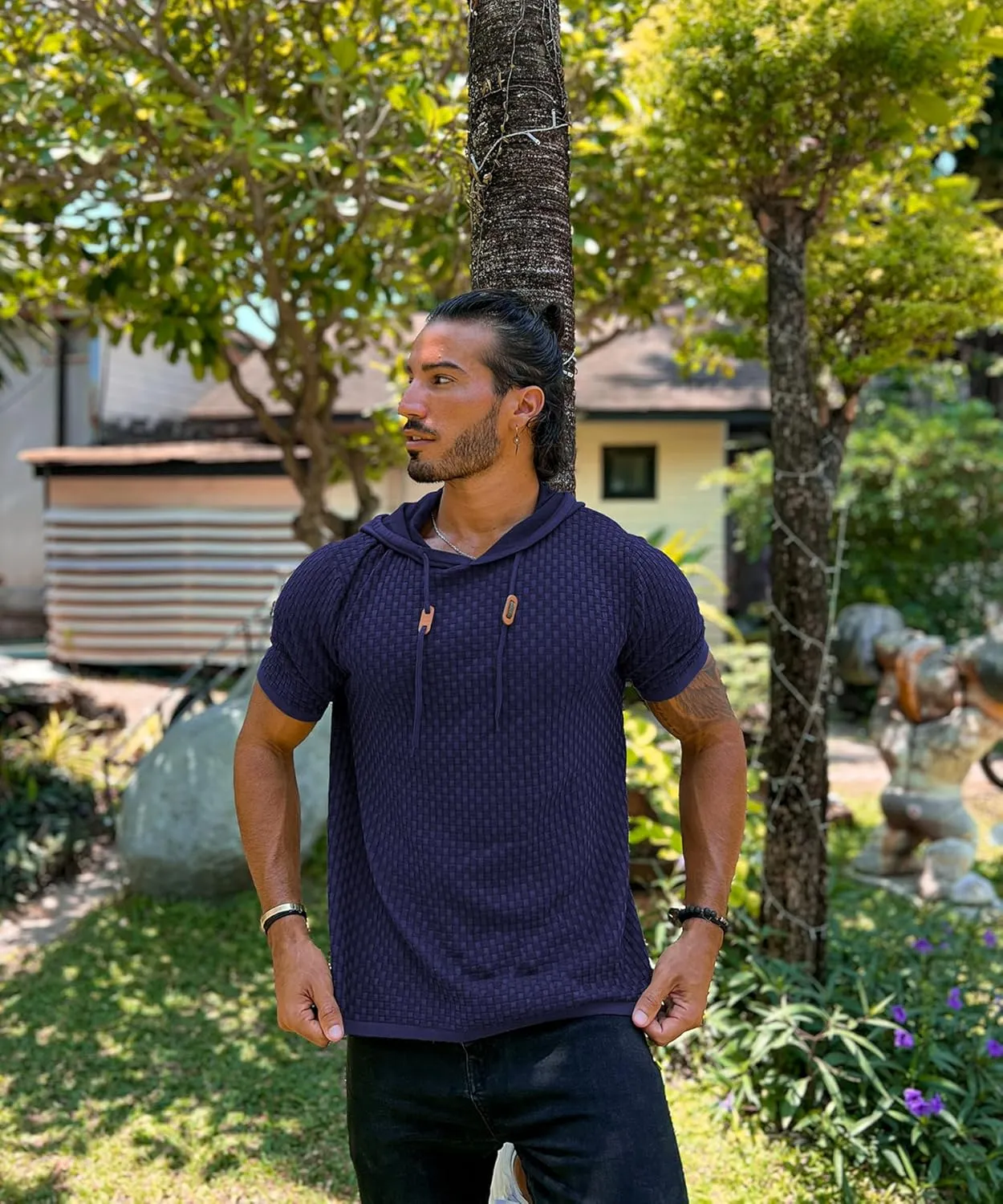 Zaitun Men's Short Sleeve Hoodie Shirt Casual Waffle Knitted Pullover Sweater