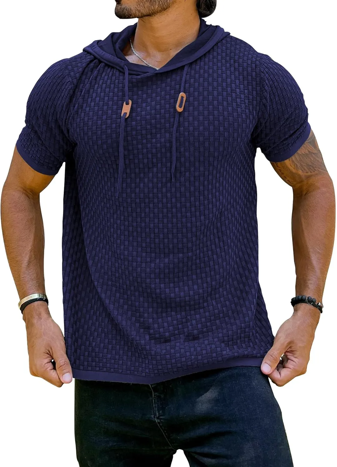 Zaitun Men's Short Sleeve Hoodie Shirt Casual Waffle Knitted Pullover Sweater